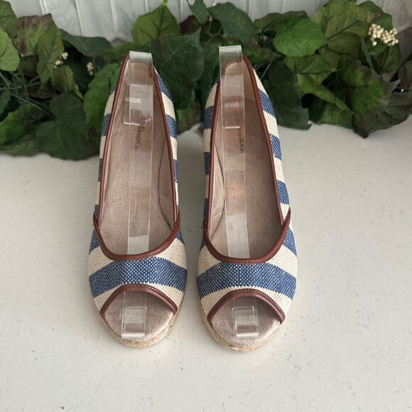 G.H. Bass & Co. Shoes - G.H. Bass & Co. Womens Blue & Cream Striped Open-Toe Espadrille Wedge Heels 7.5M